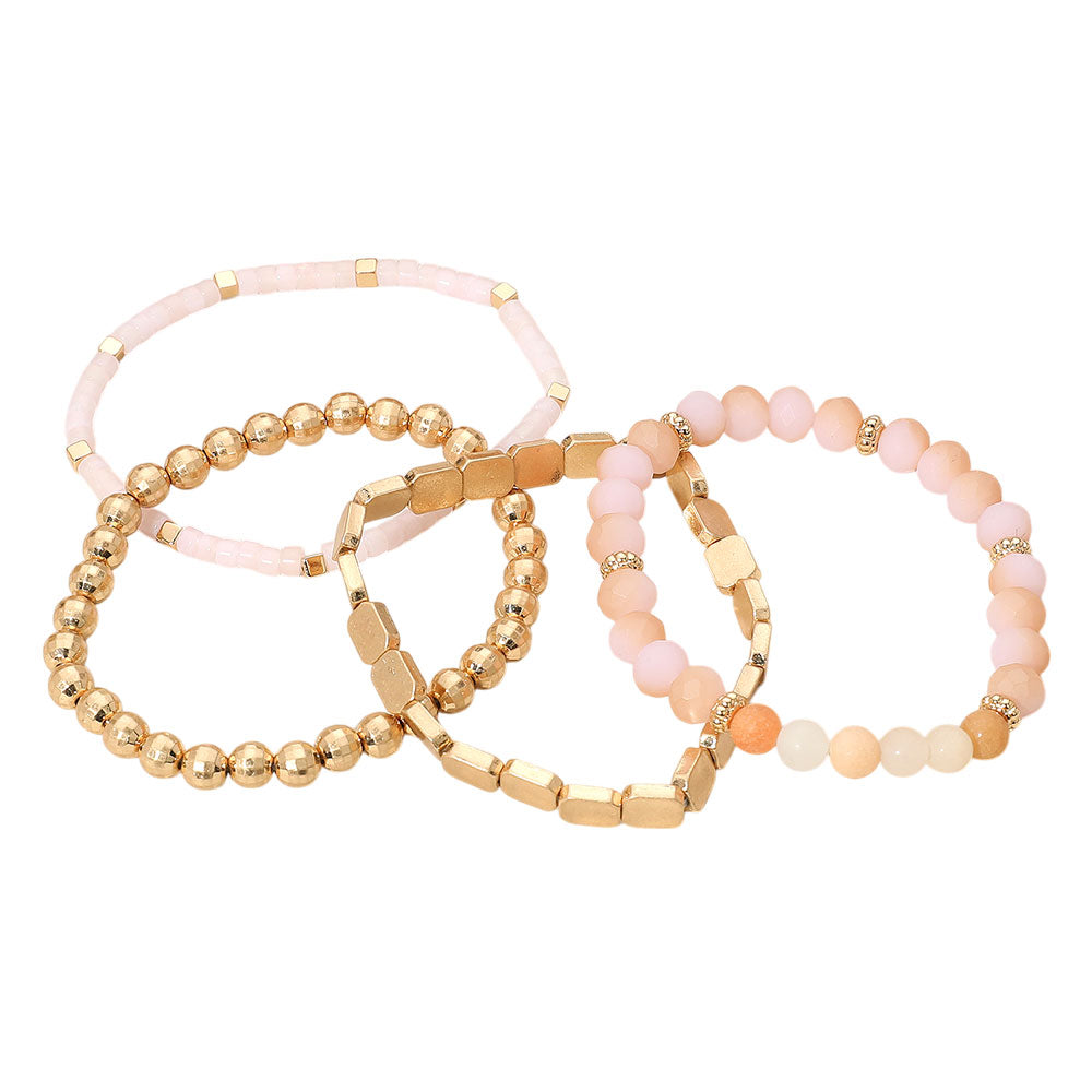 4PCS - Metal Faceted Beaded Stretch Multi Layered Bracelets