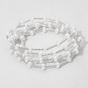 5PCS - Flat Pearl Textured Metal Bar Beaded Stretch Multi Layered Bracelets
