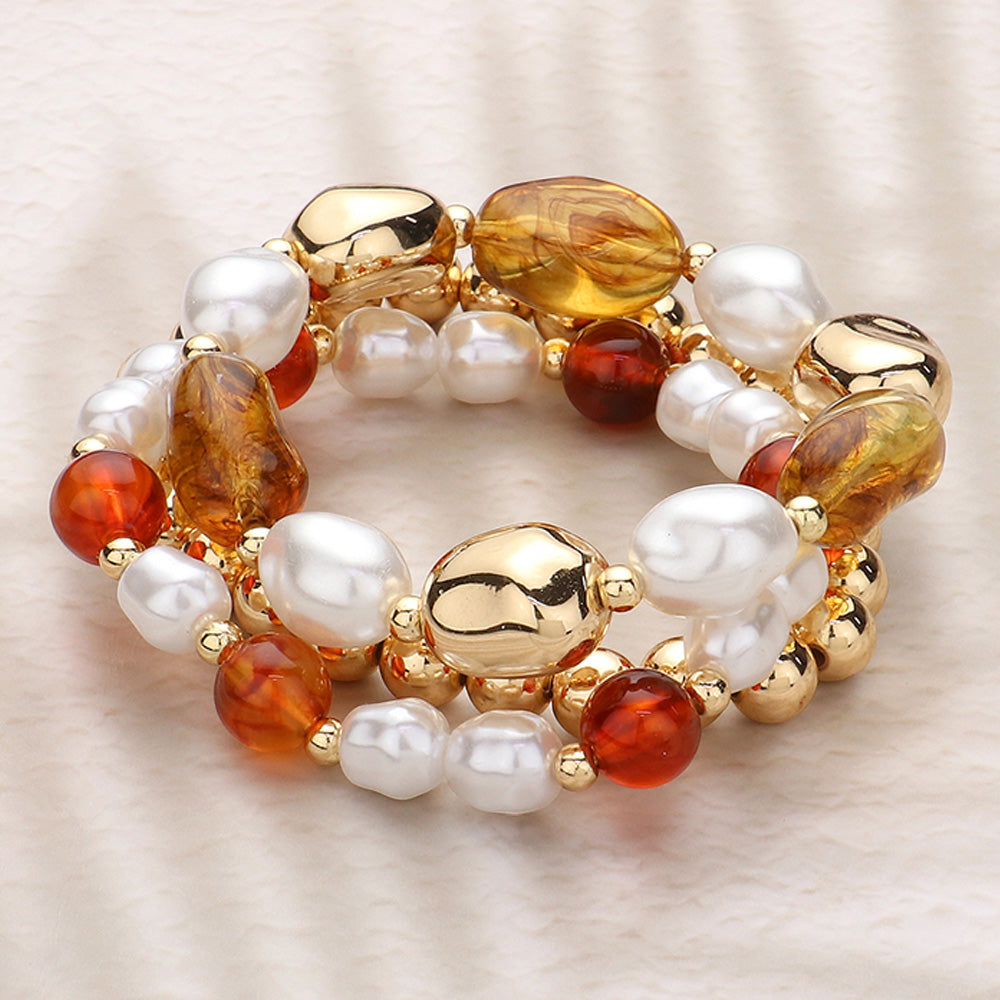 3PCS - Pearl Metal Glass Beaded Stretch Multi Layered Bracelets