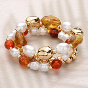 3PCS - Pearl Metal Glass Beaded Stretch Multi Layered Bracelets
