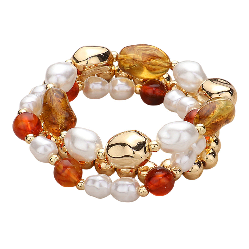 3PCS - Pearl Metal Glass Beaded Stretch Multi Layered Bracelets
