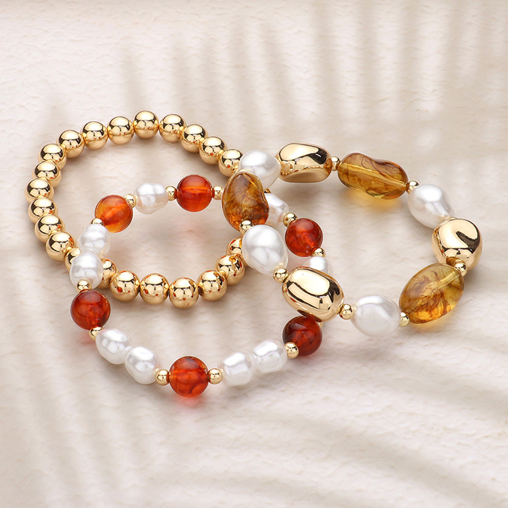 3PCS - Pearl Metal Glass Beaded Stretch Multi Layered Bracelets