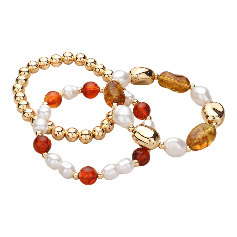 3PCS - Pearl Metal Glass Beaded Stretch Multi Layered Bracelets