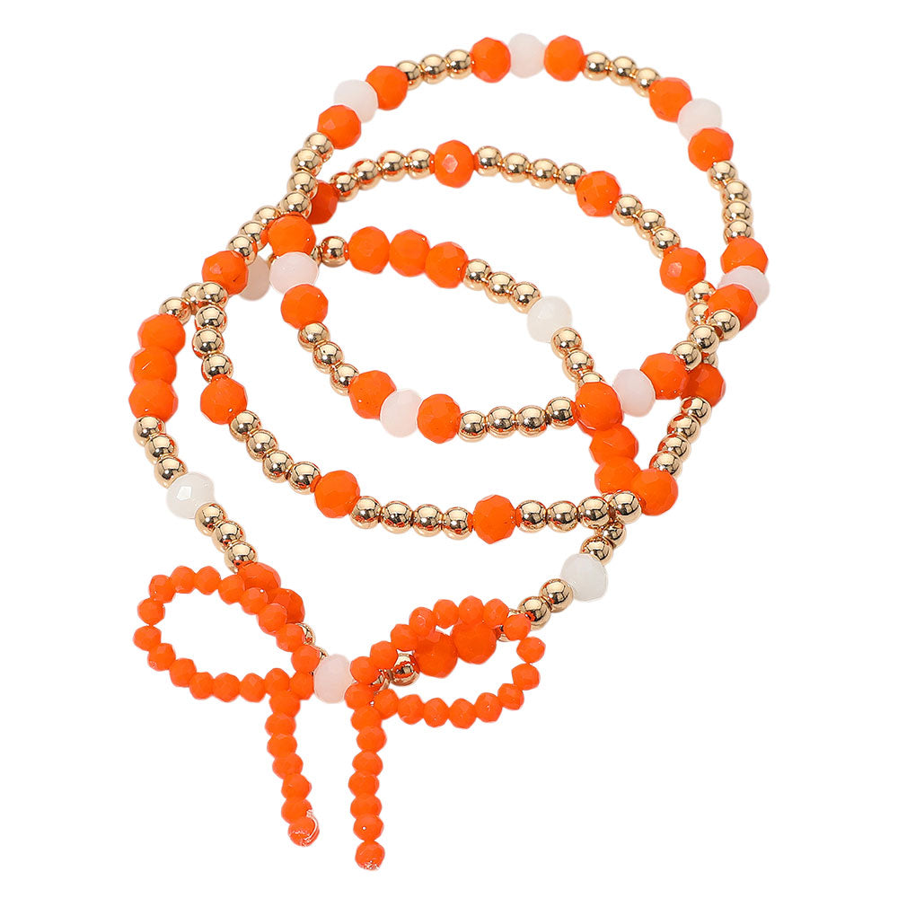3PCS - Sports Team Theme Colored Bow Accent Faceted Beaded Stretch Multi Layered Bracelets