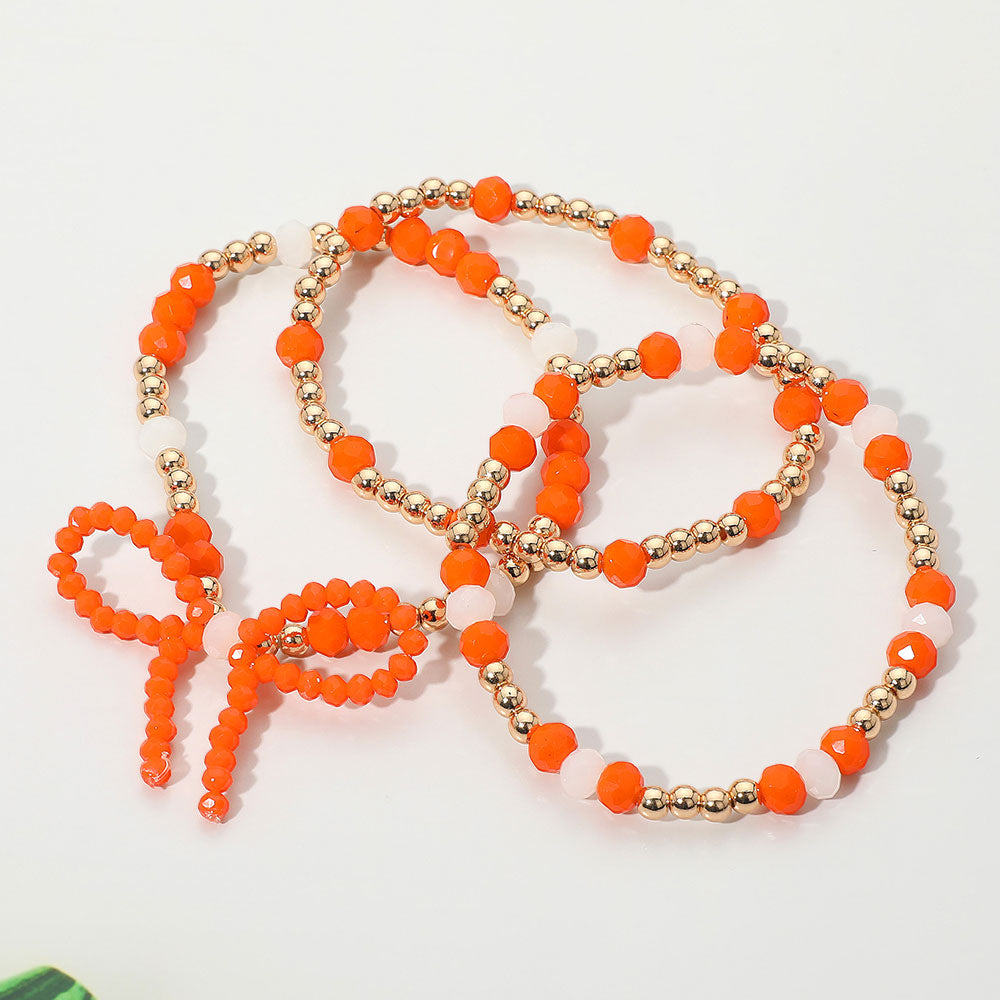 3PCS - Sports Team Theme Colored Bow Accent Faceted Beaded Stretch Multi Layered Bracelets