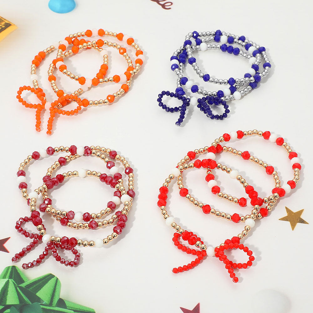 3PCS - Sports Team Theme Colored Bow Accent Faceted Beaded Stretch Multi Layered Bracelets