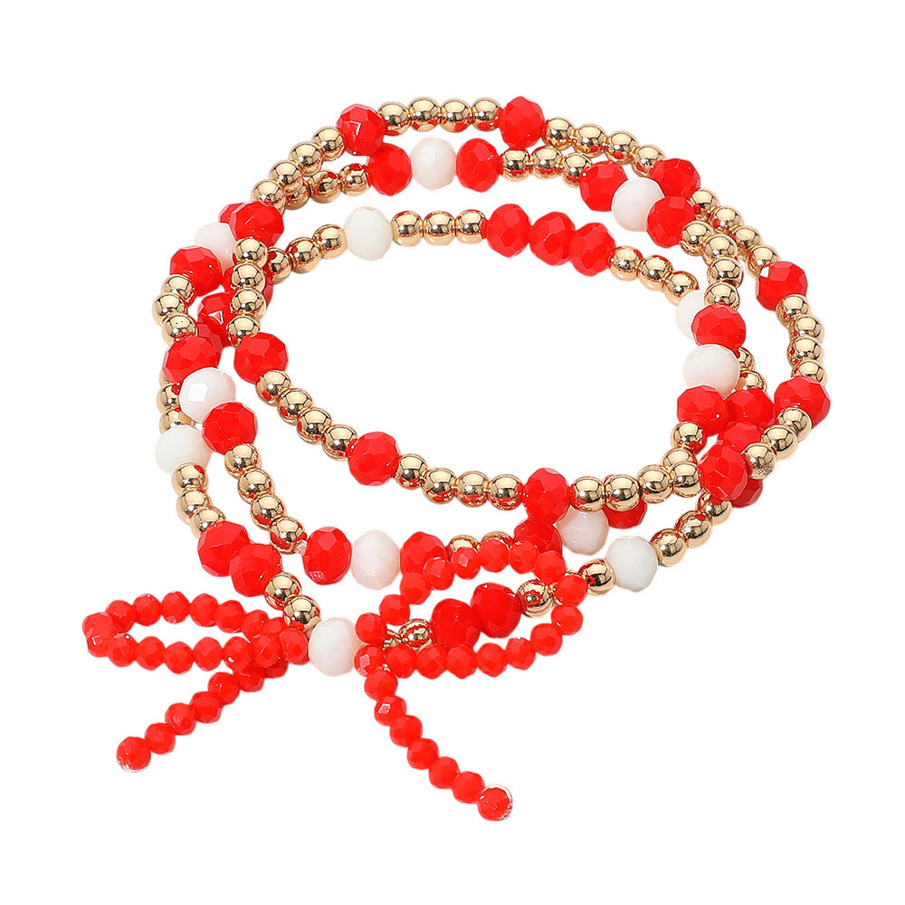 3PCS - Sports Team Theme Colored Bow Accent Faceted Beaded Stretch Multi Layered Bracelets