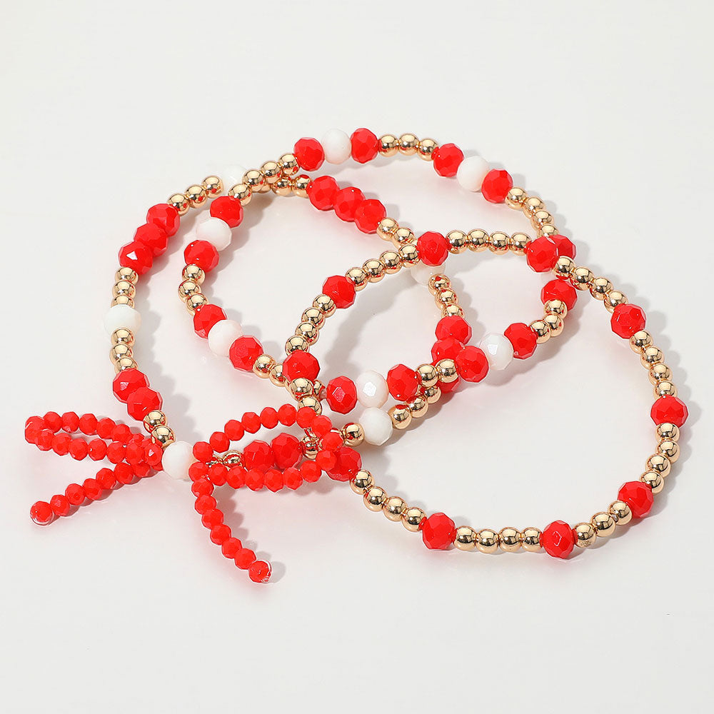 3PCS - Sports Team Theme Colored Bow Accent Faceted Beaded Stretch Multi Layered Bracelets