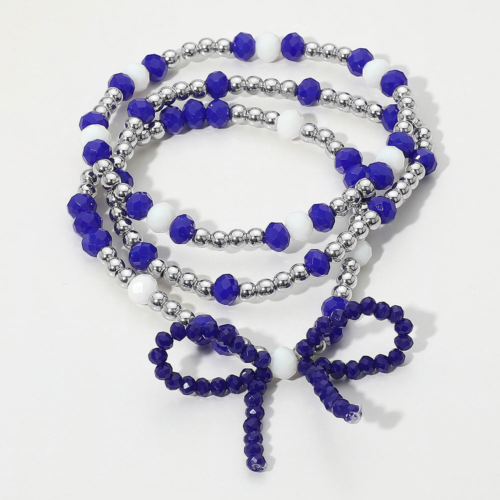 3PCS - Sports Team Theme Colored Bow Accent Faceted Beaded Stretch Multi Layered Bracelets