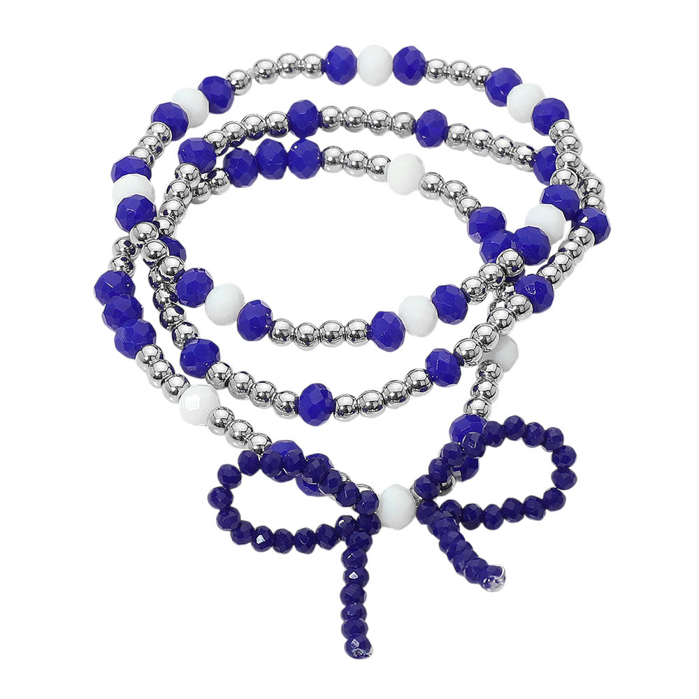 3PCS - Sports Team Theme Colored Bow Accent Faceted Beaded Stretch Multi Layered Bracelets