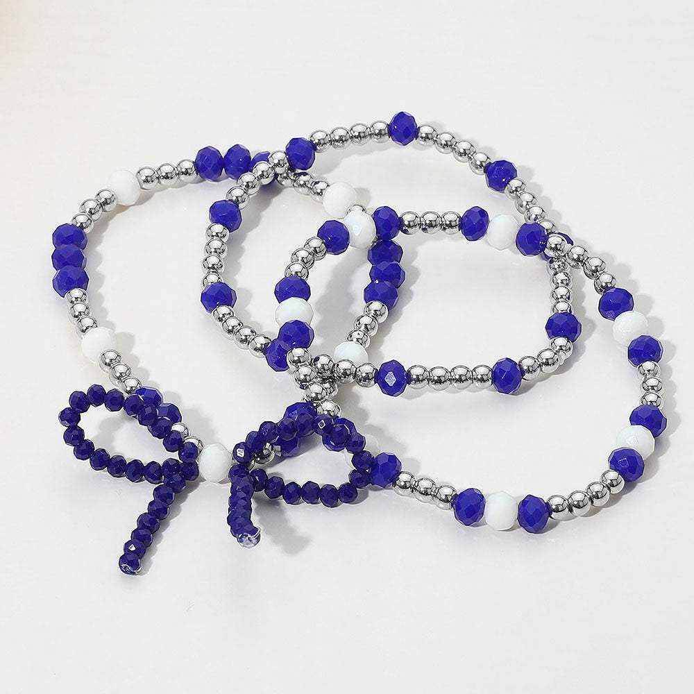 3PCS - Sports Team Theme Colored Bow Accent Faceted Beaded Stretch Multi Layered Bracelets
