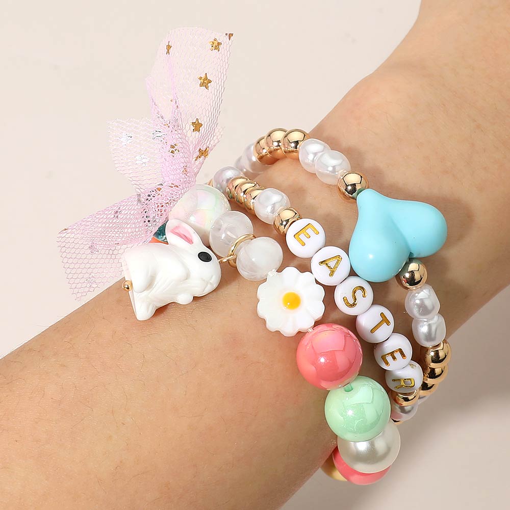 3PCS - Easter Bunny Bow Heart Pearl Flower Beaded Stretch Multi Layered Bracelets