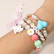 3PCS - Easter Bunny Bow Heart Pearl Flower Beaded Stretch Multi Layered Bracelets