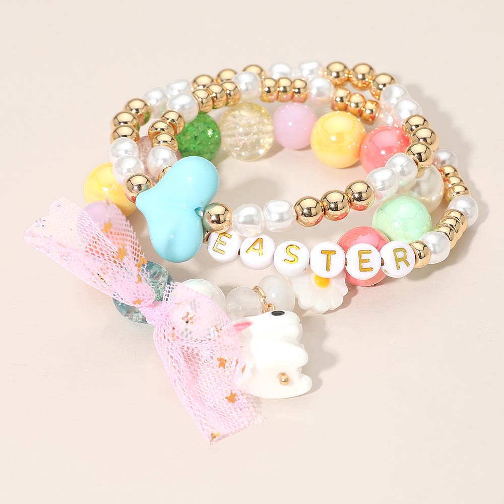 3PCS - Easter Bunny Bow Heart Pearl Flower Beaded Stretch Multi Layered Bracelets