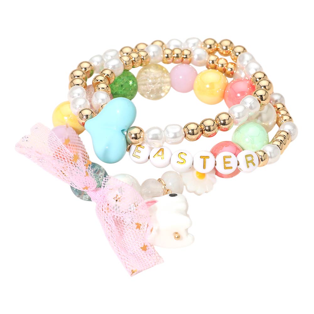 3PCS - Easter Bunny Bow Heart Pearl Flower Beaded Stretch Multi Layered Bracelets