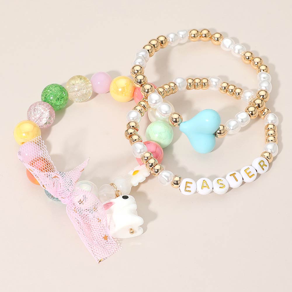 3PCS - Easter Bunny Bow Heart Pearl Flower Beaded Stretch Multi Layered Bracelets
