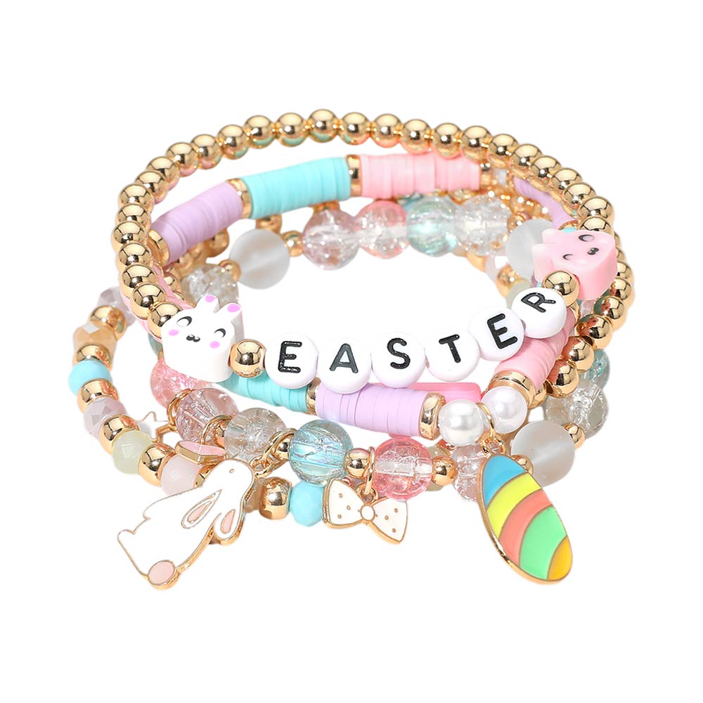 5PCS - EASTER Bunny Egg Bow Charm Beaded Stretch Multi Layered Bracelets