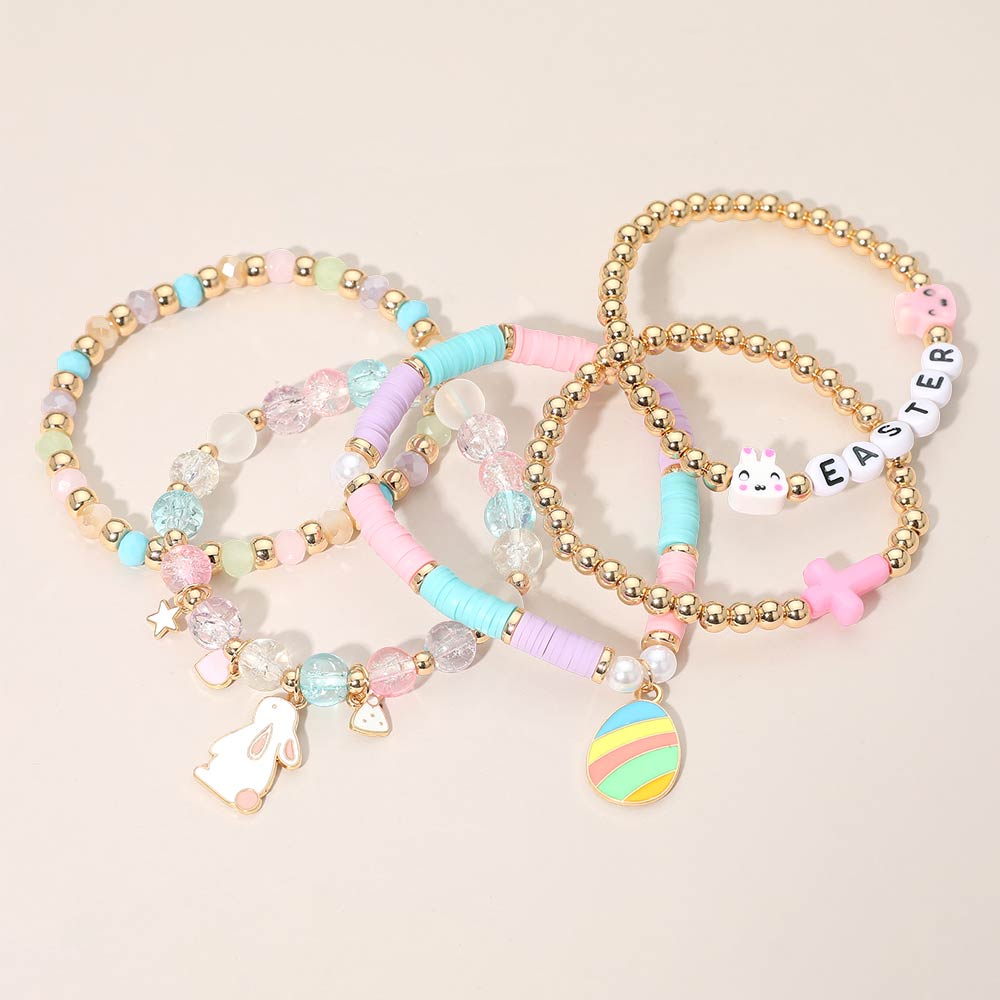 5PCS - EASTER Bunny Egg Bow Charm Beaded Stretch Multi Layered Bracelets
