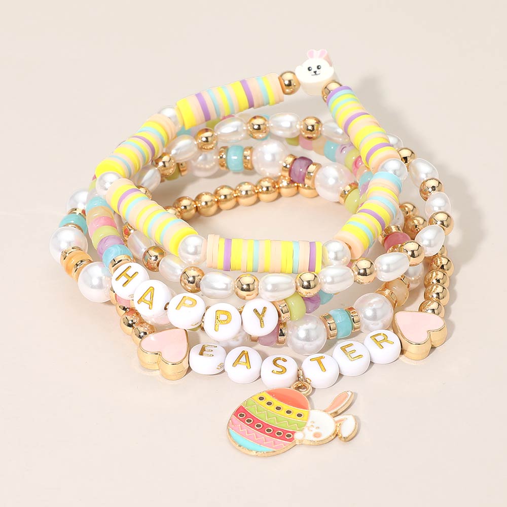 5PCS - HAPPY EASTER Bunny Heart Charm Heishi Beaded Stretch Multi Layered Bracelets