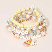 5PCS - HAPPY EASTER Bunny Heart Charm Heishi Beaded Stretch Multi Layered Bracelets