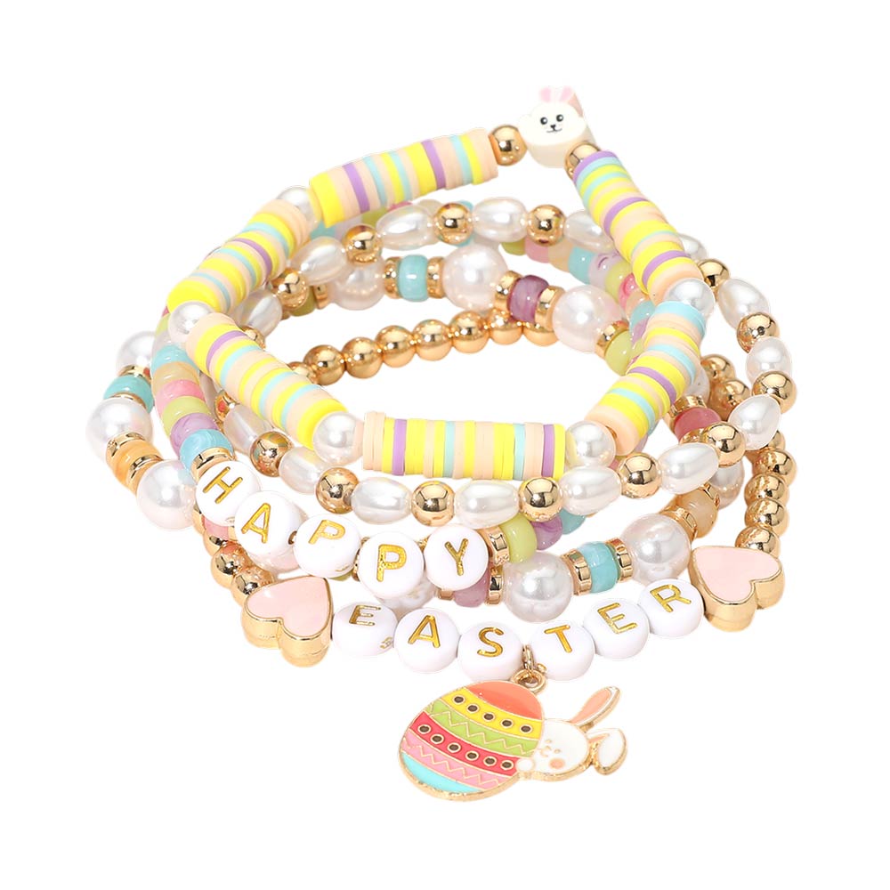 5PCS - HAPPY EASTER Bunny Heart Charm Heishi Beaded Stretch Multi Layered Bracelets