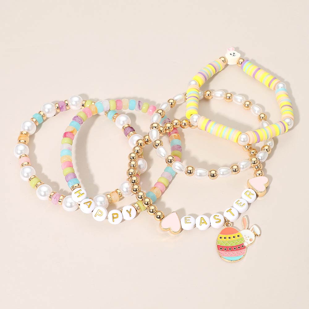 5PCS - HAPPY EASTER Bunny Heart Charm Heishi Beaded Stretch Multi Layered Bracelets