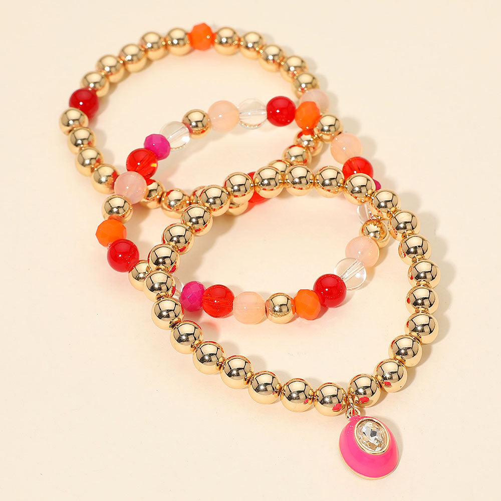 3PCS - Oval Stone Charm Ball Beaded Stretch Multi Layered Bracelets