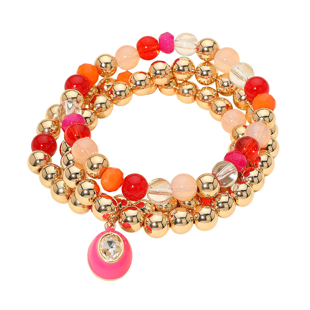 3PCS - Oval Stone Charm Ball Beaded Stretch Multi Layered Bracelets