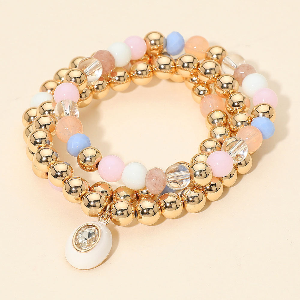 3PCS - Oval Stone Charm Ball Beaded Stretch Multi Layered Bracelets