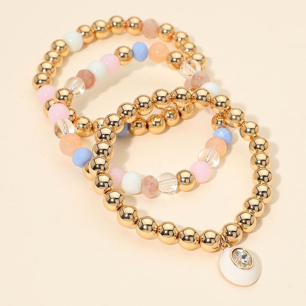 3PCS - Oval Stone Charm Ball Beaded Stretch Multi Layered Bracelets
