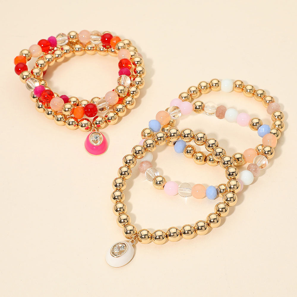 3PCS - Oval Stone Charm Ball Beaded Stretch Multi Layered Bracelets