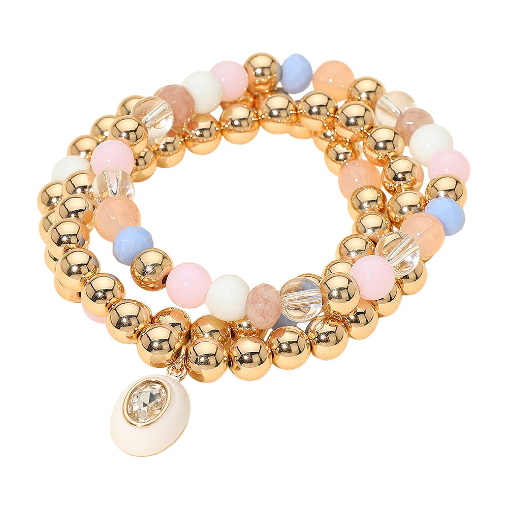 3PCS - Oval Stone Charm Ball Beaded Stretch Multi Layered Bracelets