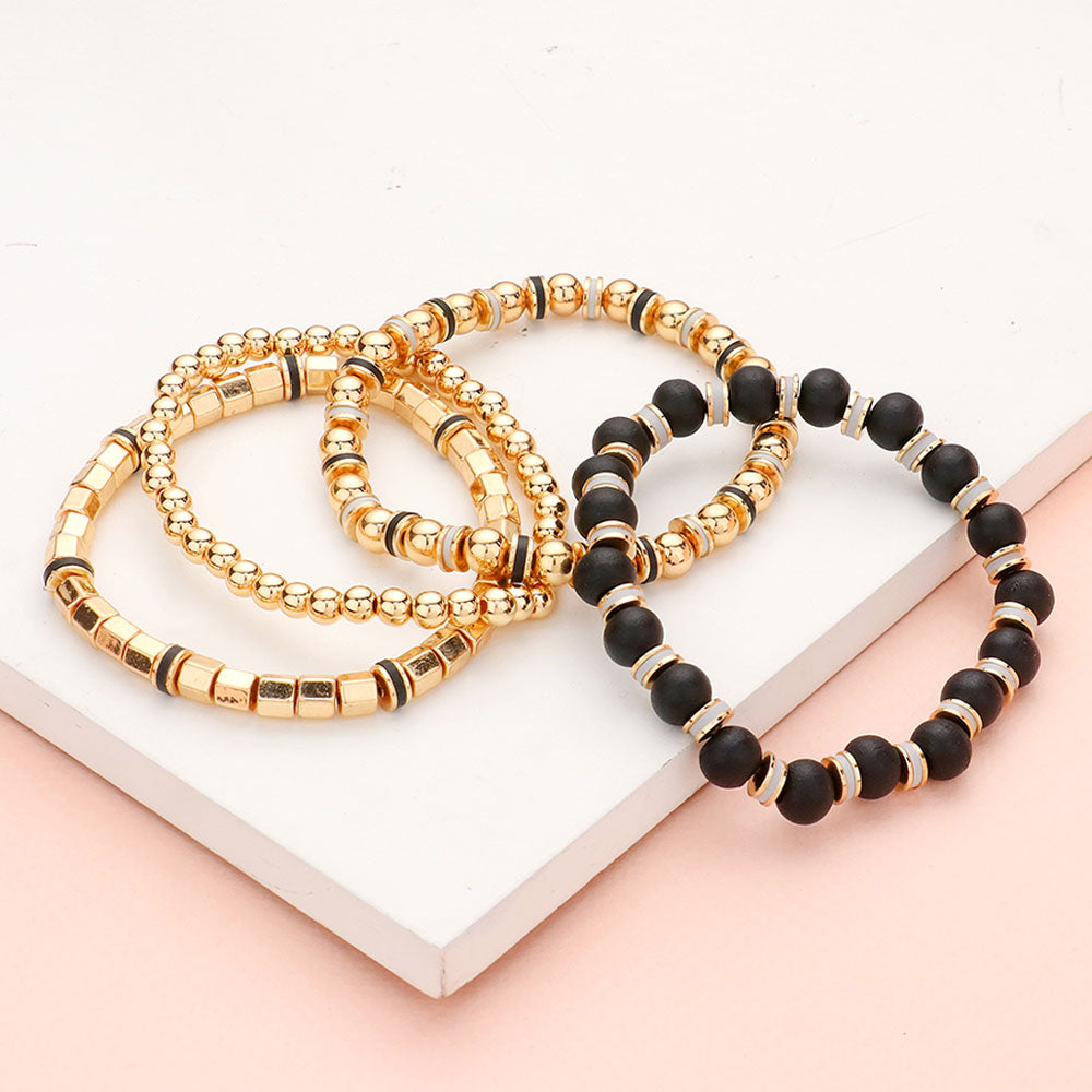 4PCS - Wood Ball Metal Beaded Stretch Bracelets