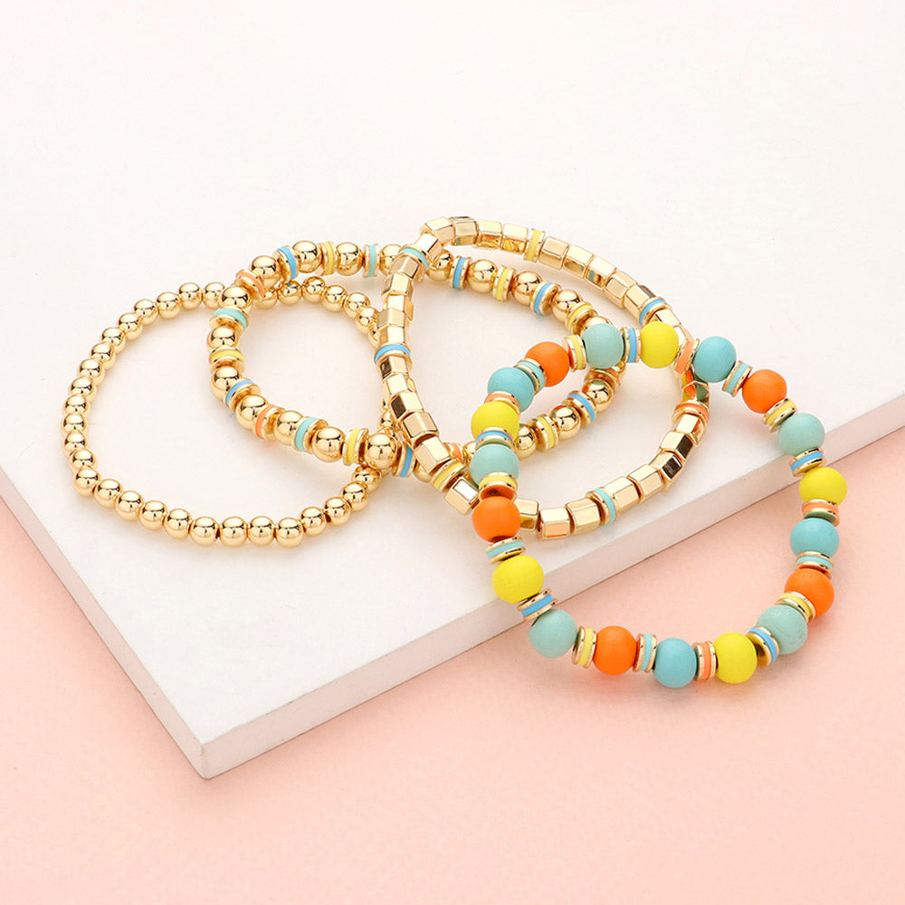 4PCS - Wood Ball Metal Beaded Stretch Bracelets