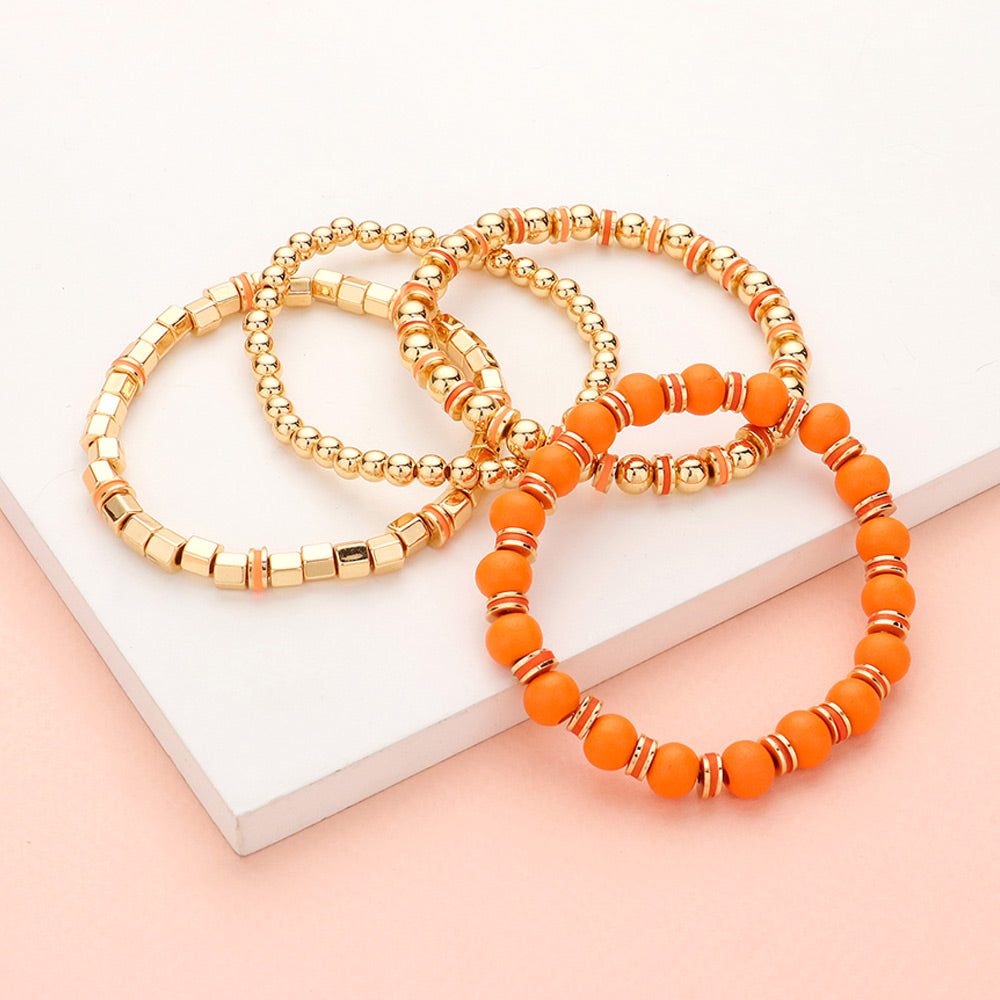 4PCS - Wood Ball Metal Beaded Stretch Bracelets