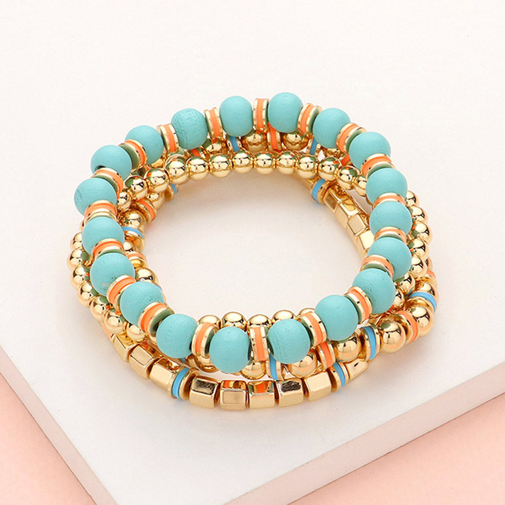 4PCS - Wood Ball Metal Beaded Stretch Bracelets
