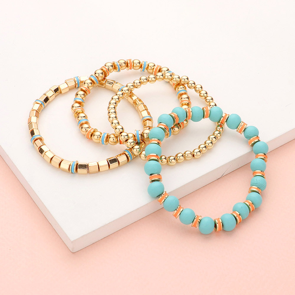 4PCS - Wood Ball Metal Beaded Stretch Bracelets