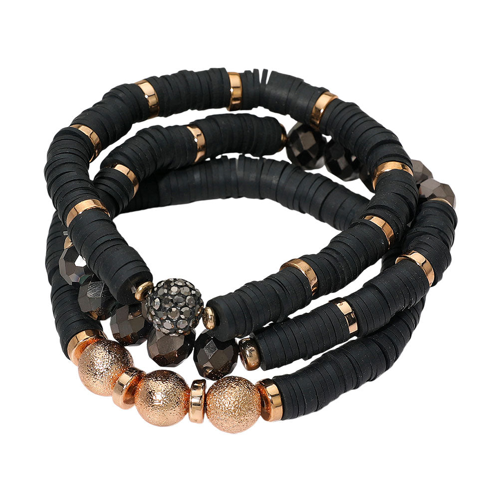 3PCS - Faceted Beads Heishi Beaded Stretch Multi Layered Bracelets