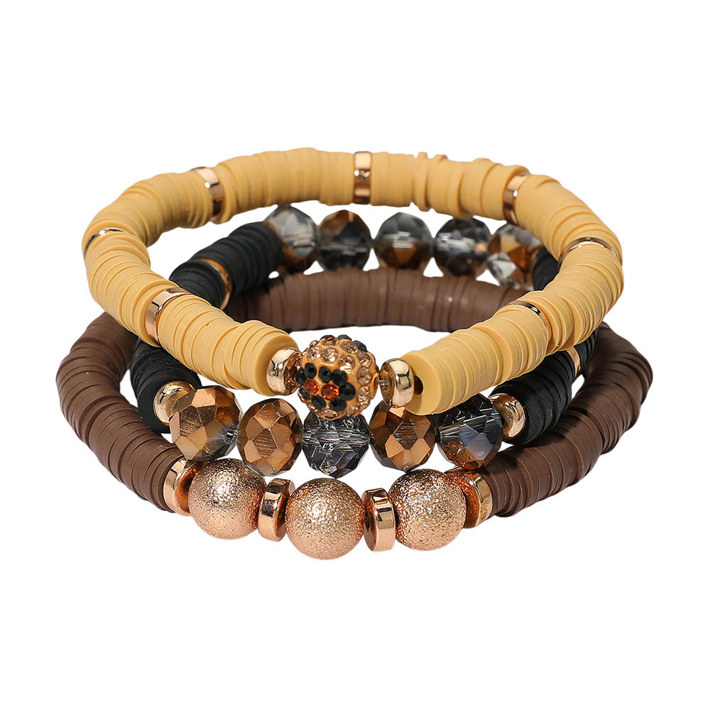 3PCS - Faceted Beads Heishi Beaded Stretch Multi Layered Bracelets