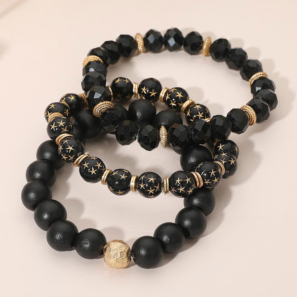 3PCS - Stackable Wooden Faceted Beaded Stretch Multi Layered Bracelets