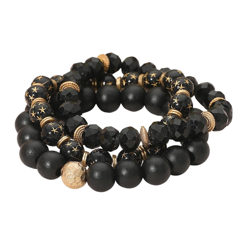 3PCS - Stackable Wooden Faceted Beaded Stretch Multi Layered Bracelets