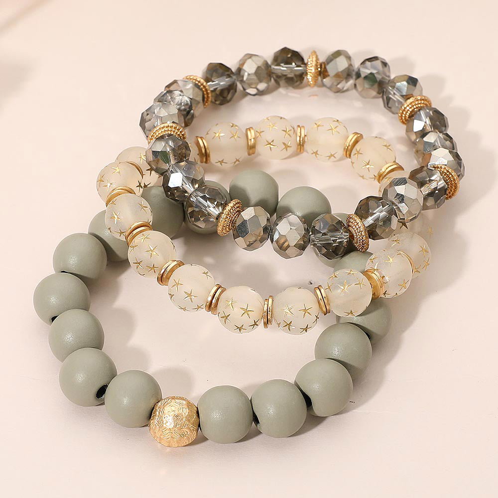 3PCS - Stackable Wooden Faceted Beaded Stretch Multi Layered Bracelets