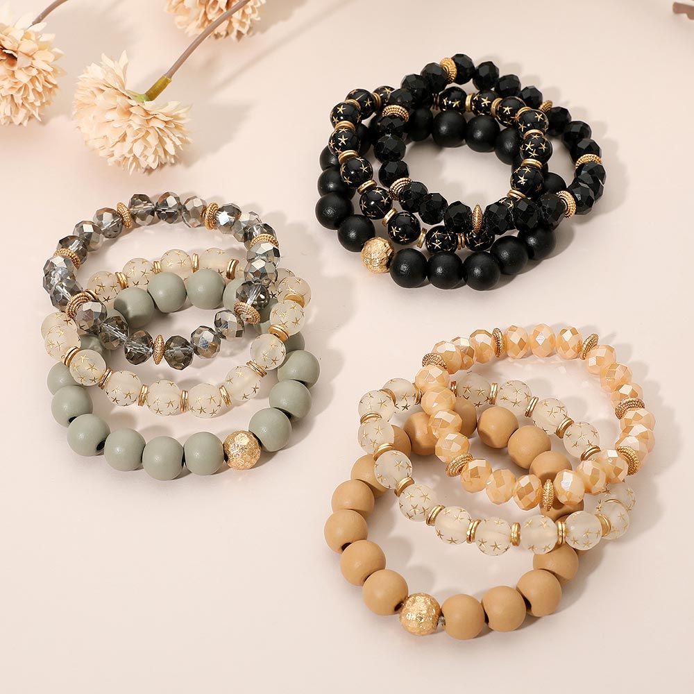 3PCS - Stackable Wooden Faceted Beaded Stretch Multi Layered Bracelets