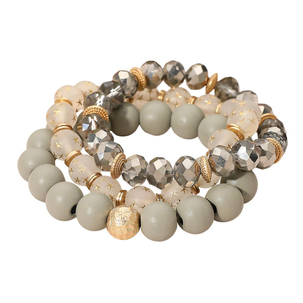 3PCS - Stackable Wooden Faceted Beaded Stretch Multi Layered Bracelets
