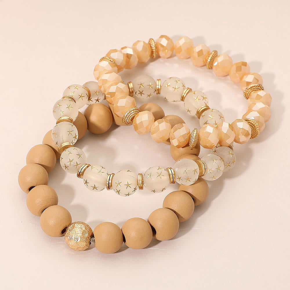 3PCS - Stackable Wooden Faceted Beaded Stretch Multi Layered Bracelets