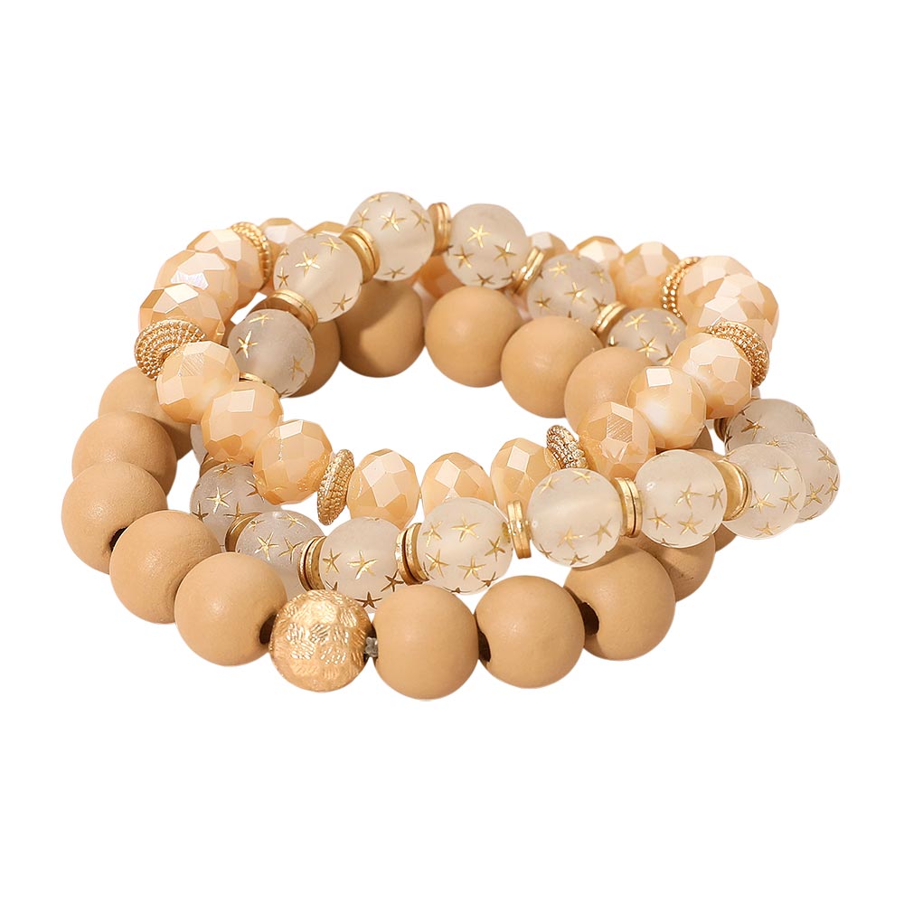 3PCS - Stackable Wooden Faceted Beaded Stretch Multi Layered Bracelets