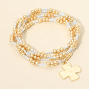4PCS - Brushed Hammered Metal Cross Plate Charm Accent Metal Ball Beaded Stretch Multi Layered Bracelets