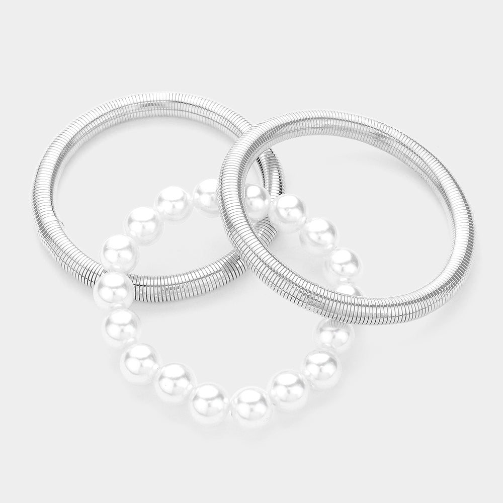 3PCS - Pearl Beaded Metal Cable Multi Layered Stretch Bracelets