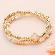 3PCS - Quatrefoil Pointed Pearl Metal Ball Beaded Stretch Multi Layered Bracelets