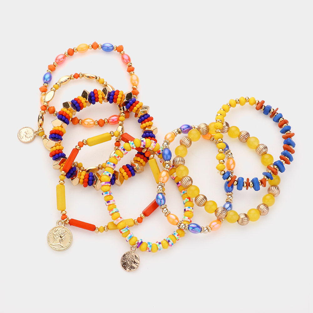 8PCS - Metal Coin Tree Of Life Charm Multi Beads Beaded Layered Bracelets